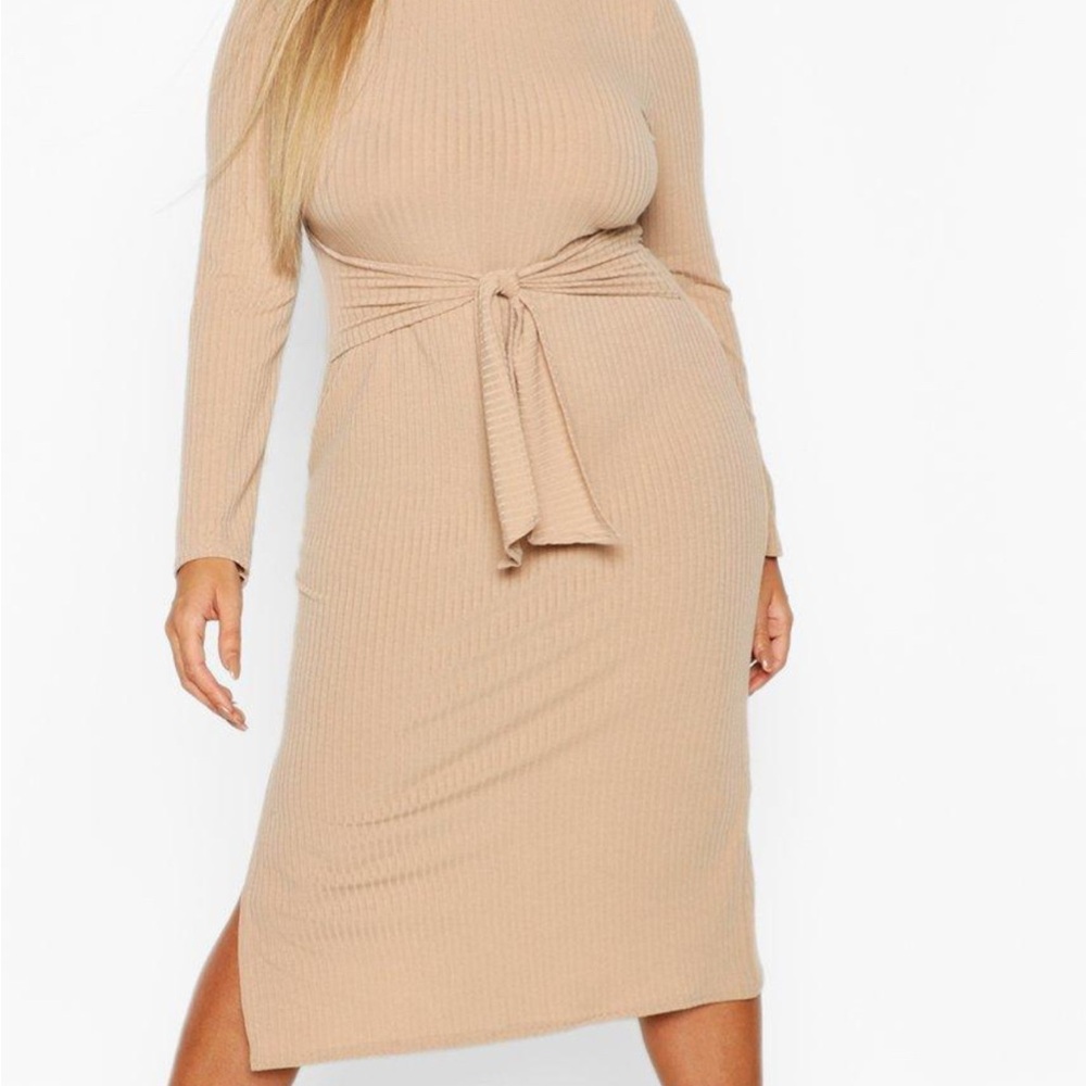 Elegant Tan Ribbed Knit Dress